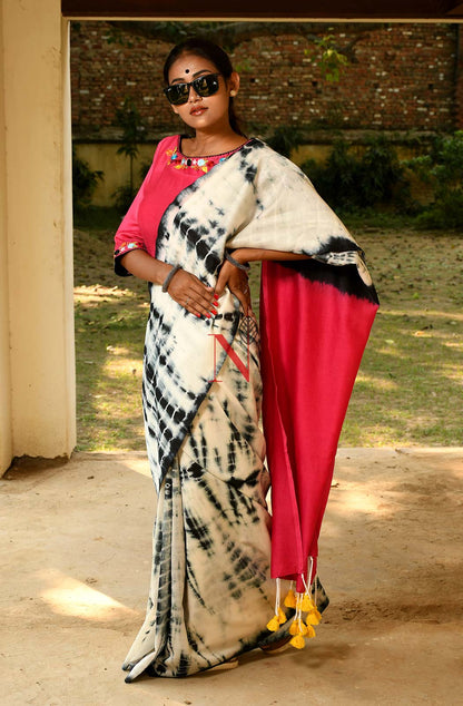 White & Black Pure Silk Chanderi Saree - Shibori
