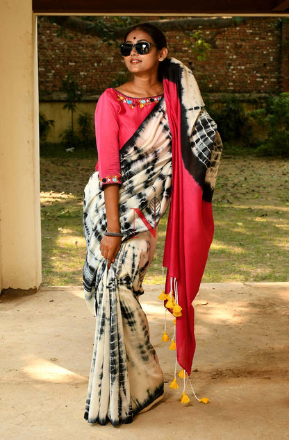 White & Black Pure Silk Chanderi Saree - Shibori