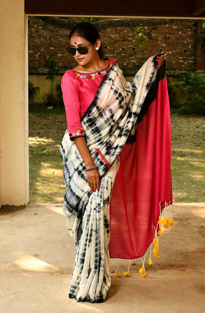 White & Black Pure Silk Chanderi Saree - Shibori