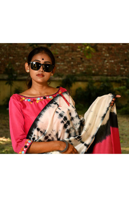 White & Black Pure Silk Chanderi Saree - Shibori