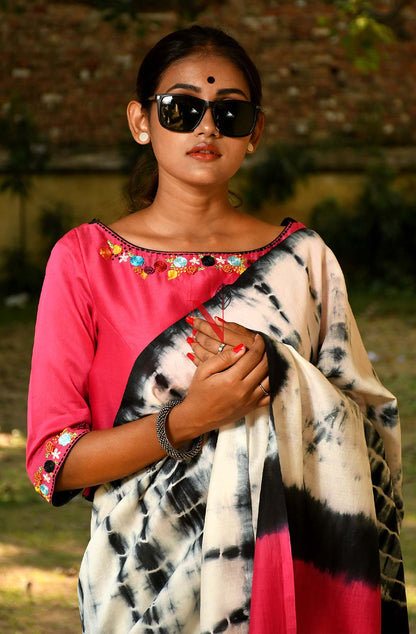 White & Black Pure Silk Chanderi Saree - Shibori