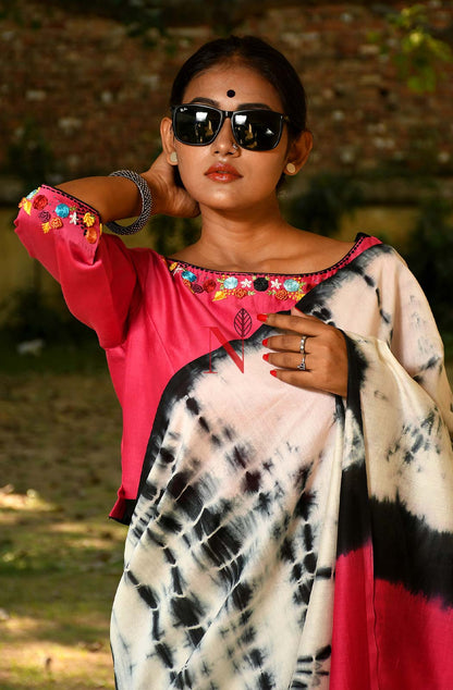 White & Black Pure Silk Chanderi Saree - Shibori