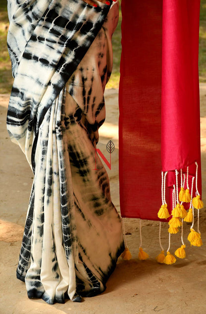 White & Black Pure Silk Chanderi Saree - Shibori