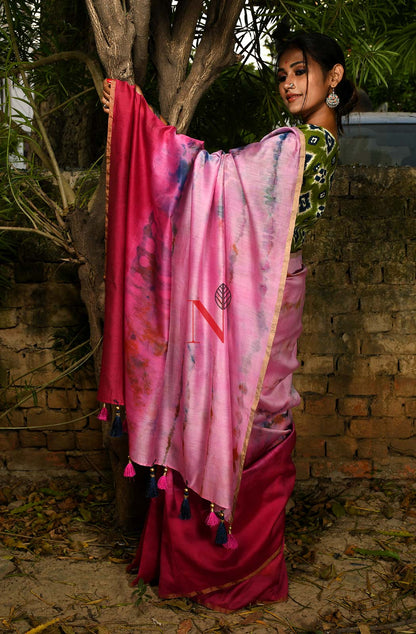 Rani & Pink Pure Silk Chanderi Saree - Shibori
