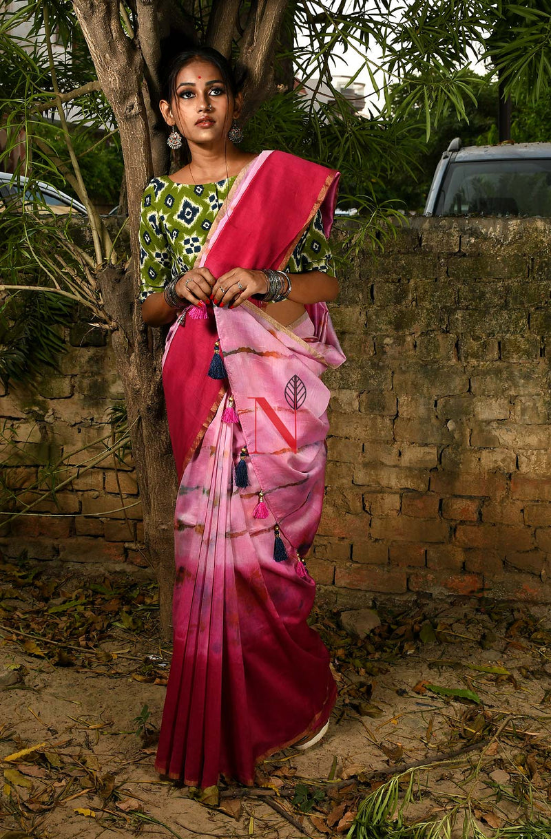 Rani & Pink Pure Silk Chanderi Saree - Shibori