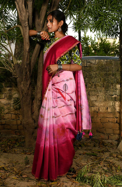 Rani & Pink Pure Silk Chanderi Saree - Shibori