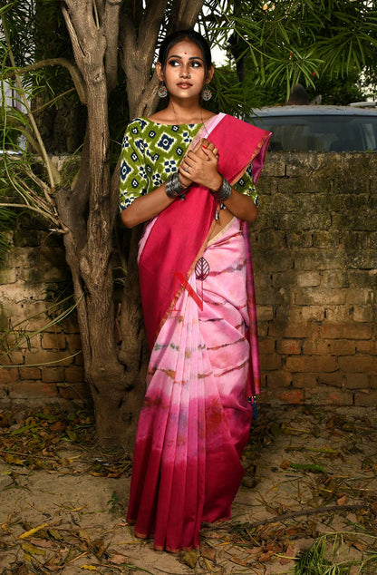 Rani & Pink Pure Silk Chanderi Saree - Shibori