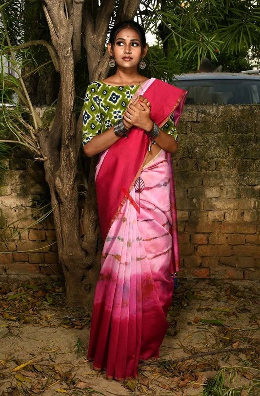 Rani & Pink Pure Silk Chanderi Saree - Shibori - Naksheband