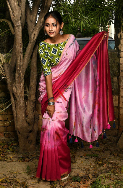 Rani & Pink Pure Silk Chanderi Saree - Shibori