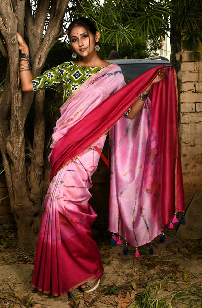 Rani & Pink Pure Silk Chanderi Saree - Shibori