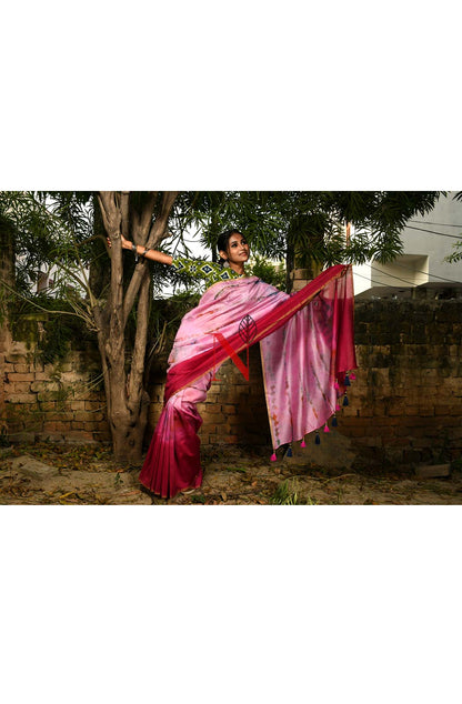 Rani & Pink Pure Silk Chanderi Saree - Shibori