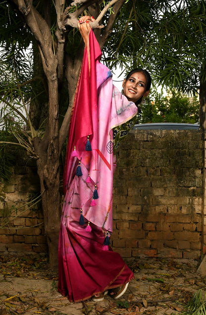 Rani & Pink Pure Silk Chanderi Saree - Shibori