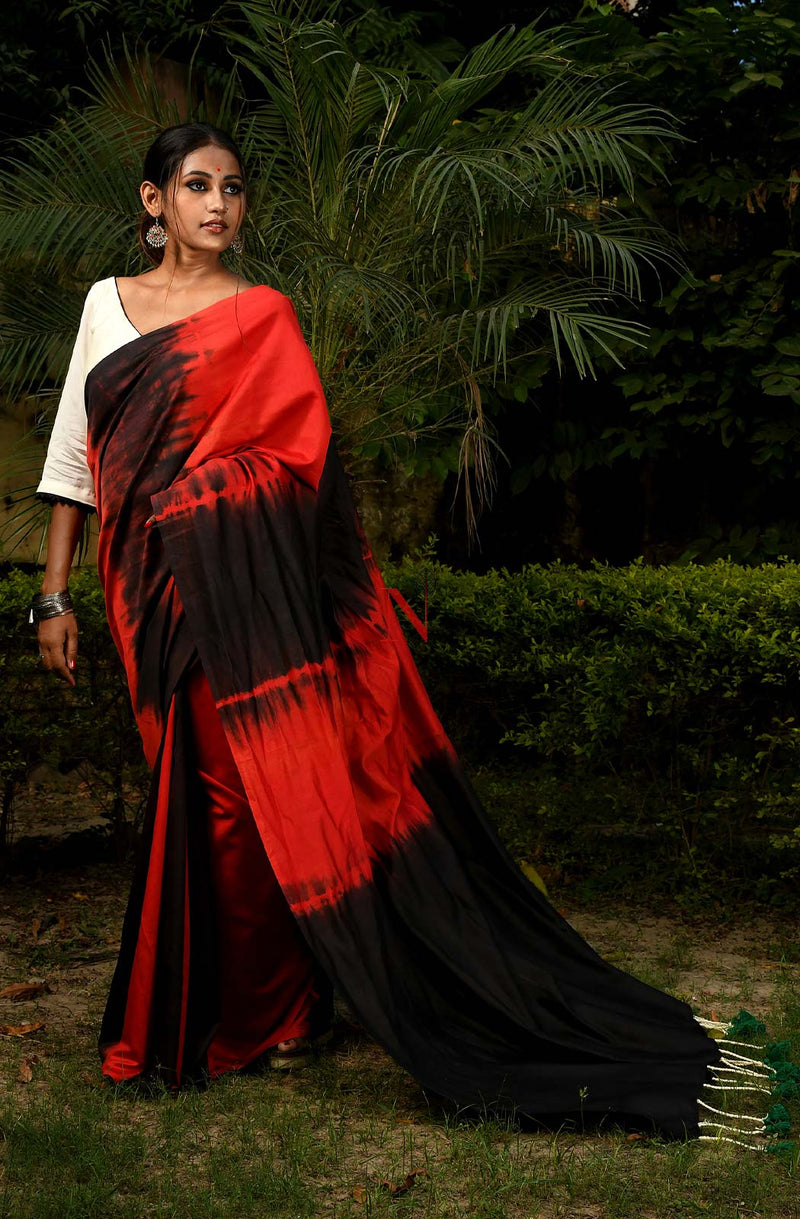 Red & Black Pure Silk Chanderi Saree - Shibori