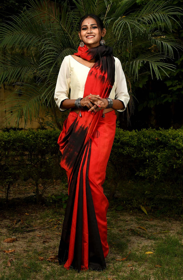 Red & Black Pure Silk Chanderi Saree - Shibori