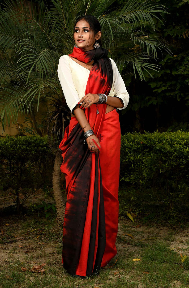 Red & Black Pure Silk Chanderi Saree - Shibori