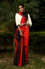 Red & Black Pure Silk Chanderi Saree - Shibori