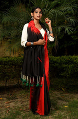 Red & Black Pure Silk Chanderi Saree - Shibori