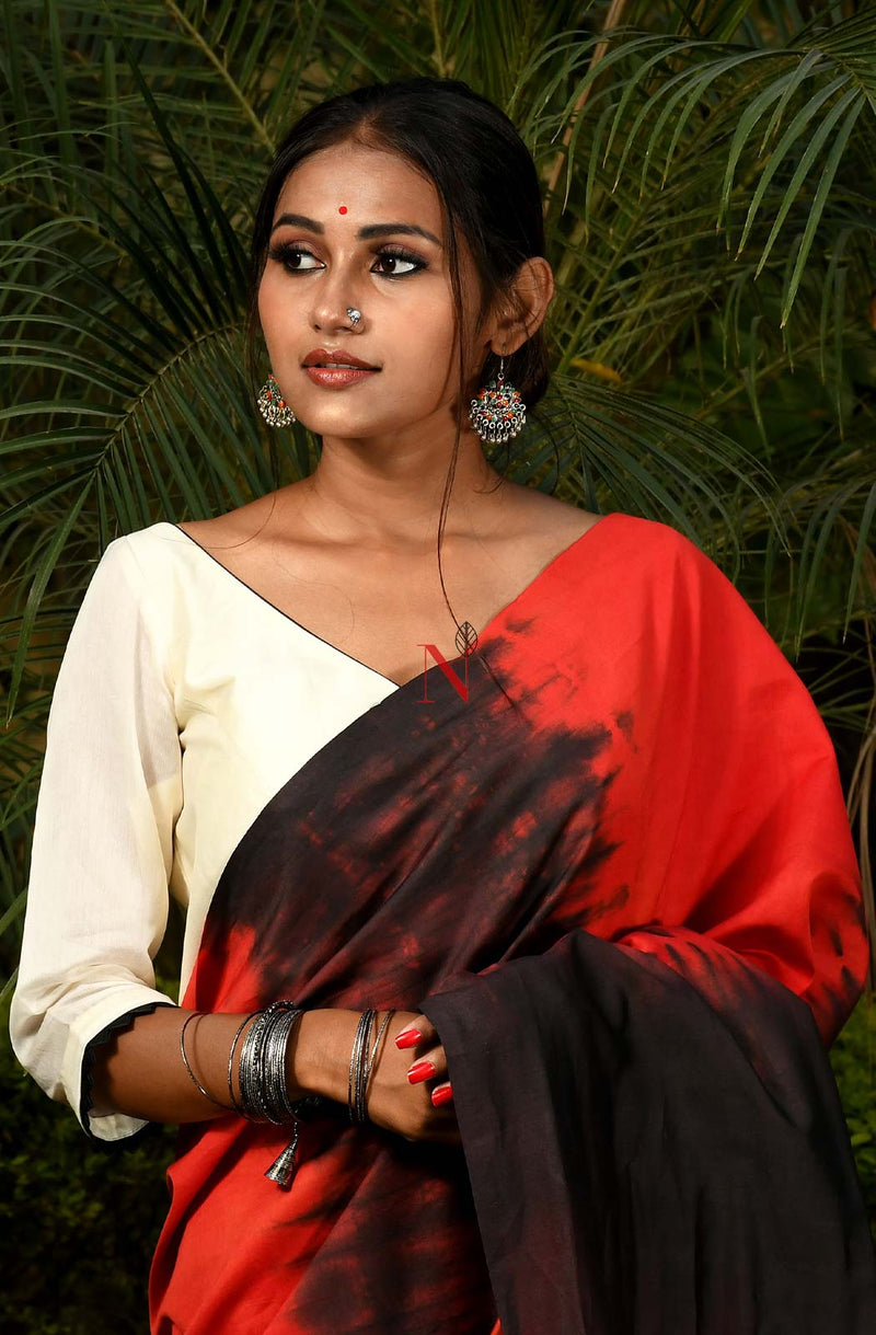 Red & Black Pure Silk Chanderi Saree - Shibori