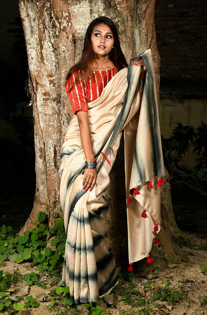 Beige & Black Pure Silk Chanderi Saree - Shibori