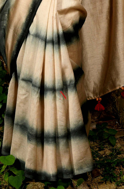 Beige & Black Pure Silk Chanderi Saree - Shibori
