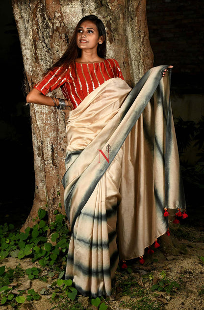 Beige & Black Pure Silk Chanderi Saree - Shibori