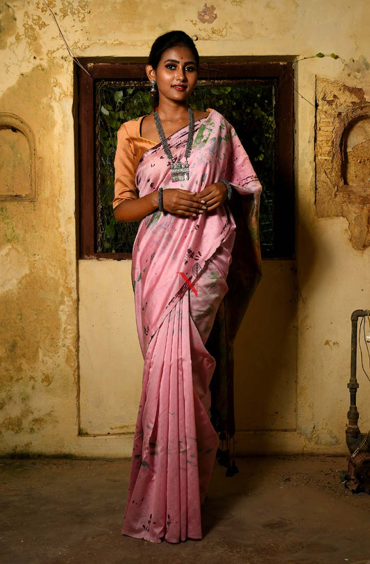 Pink & Green Pure Silk Chanderi Saree - Shibori - Naksheband