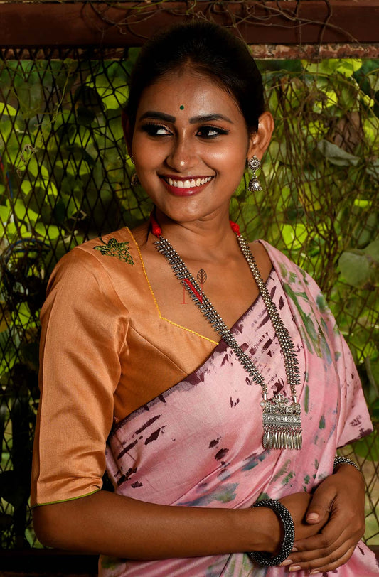 Pink & Green Pure Silk Chanderi Saree - Shibori - Naksheband