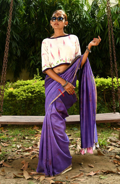 Violet & Purple Pure Silk Chanderi Saree - Shibori