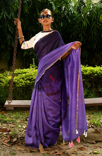 Violet & Purple Pure Silk Chanderi Saree - Shibori