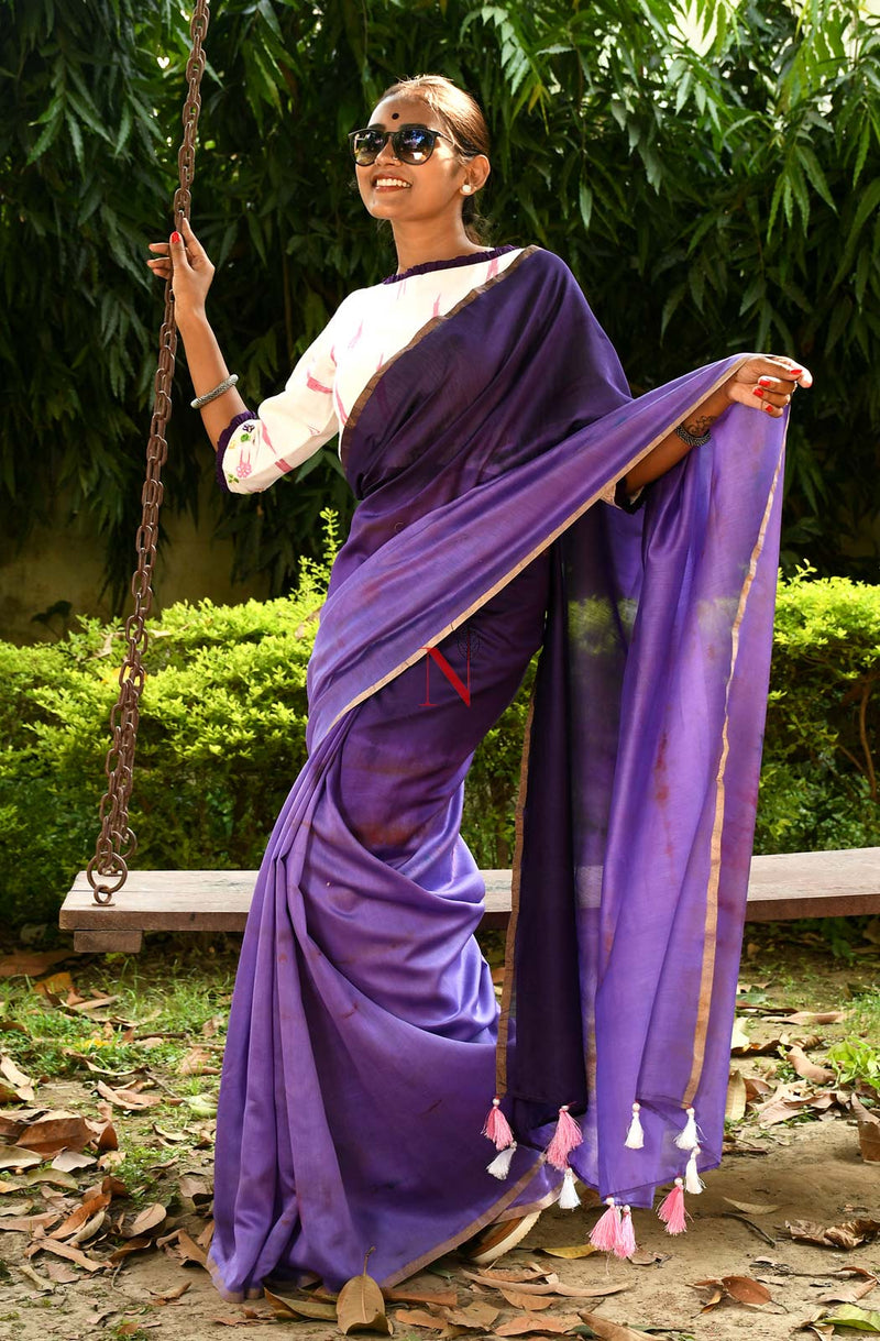 Violet & Purple Pure Silk Chanderi Saree - Shibori