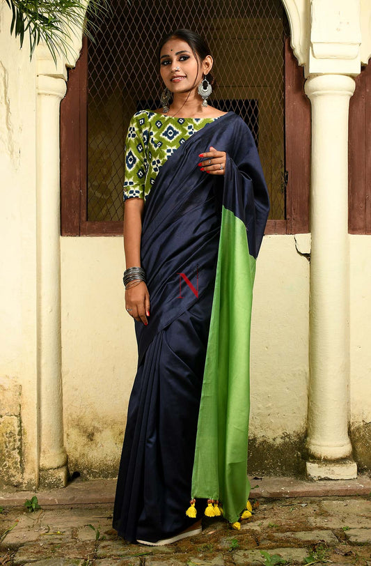 Blue & Green Pure Silk Chanderi Saree - Naksheband