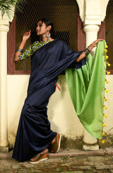 Blue & Green Pure Silk Chanderi Saree