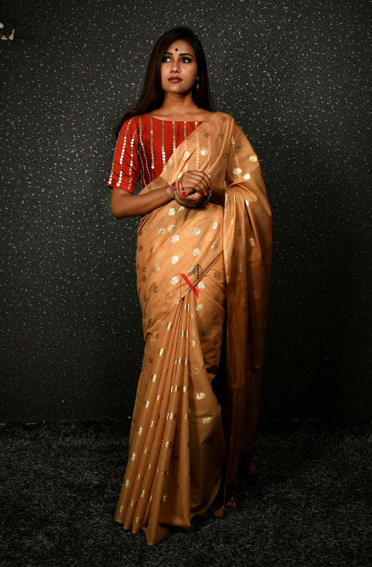 Fawn & Brown Pure Silk Chanderi Saree - Naksheband