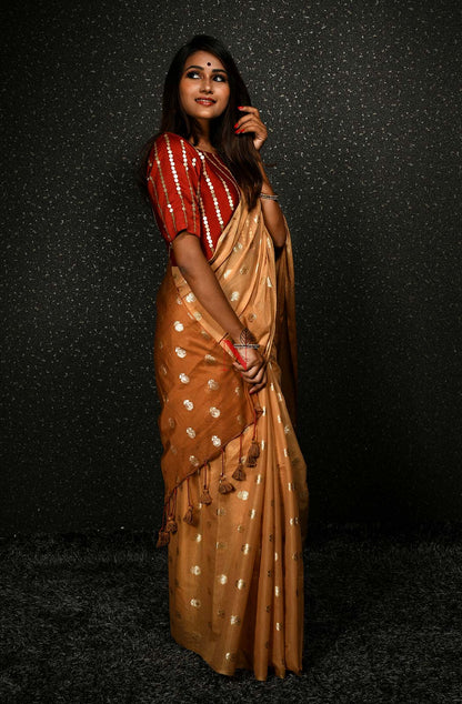 Fawn & Brown Pure Silk Chanderi Saree