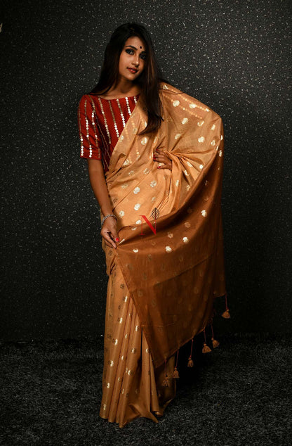 Fawn & Brown Pure Silk Chanderi Saree