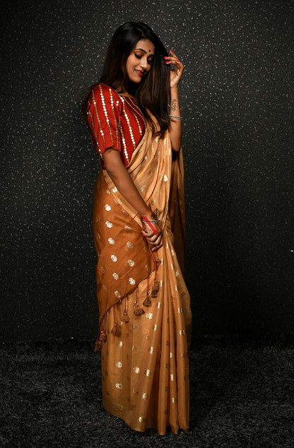 Fawn & Brown Pure Silk Chanderi Saree