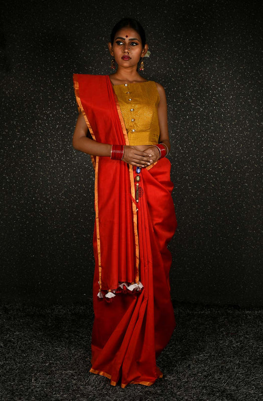 Red Pure Silk Chanderi Plain Saree - Naksheband