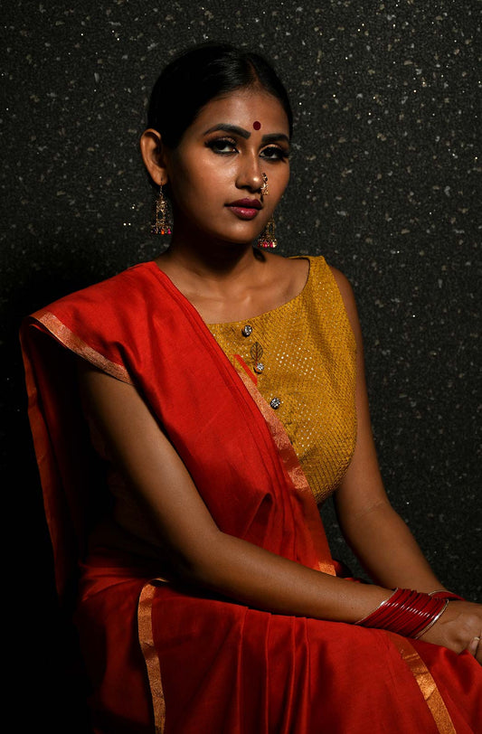 Red Pure Silk Chanderi Plain Saree - Naksheband