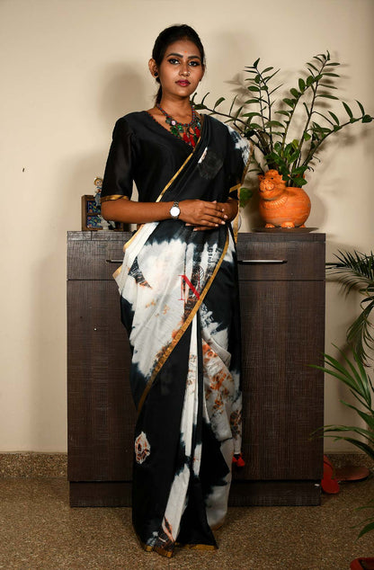 White & Black Pure Silk Chanderi Saree - Shibori