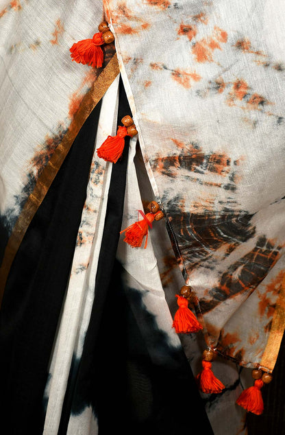 White & Black Pure Silk Chanderi Saree - Shibori
