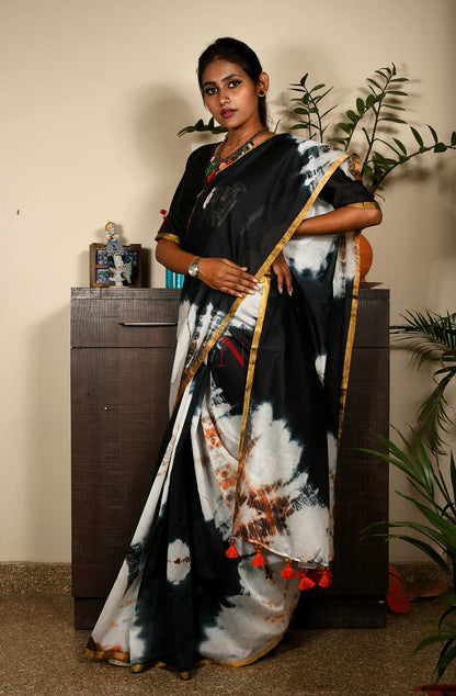 White & Black Pure Silk Chanderi Saree - Shibori