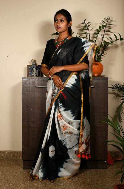 White & Black Pure Silk Chanderi Saree - Shibori