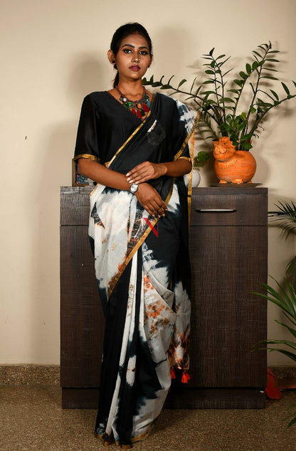 White & Black Pure Silk Chanderi Saree - Shibori