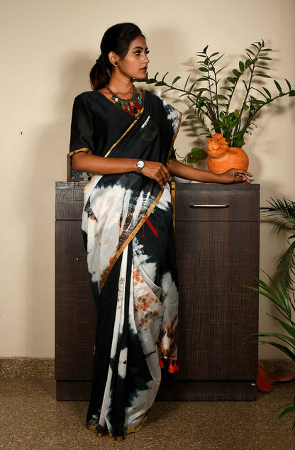 White & Black Pure Silk Chanderi Saree - Shibori