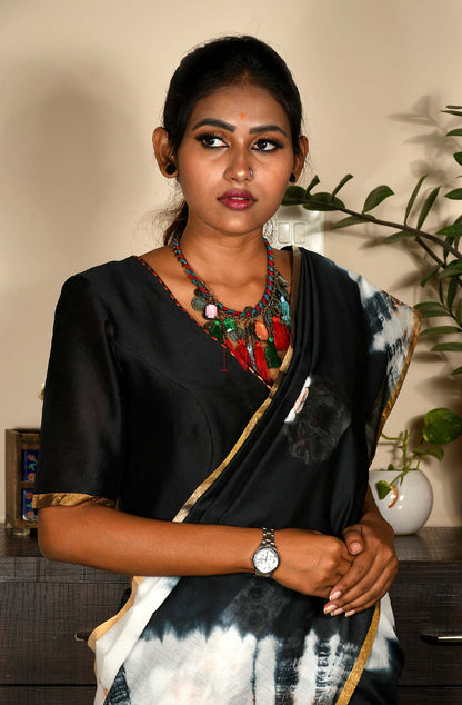 White & Black Pure Silk Chanderi Saree - Shibori