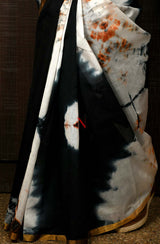 White & Black Pure Silk Chanderi Saree - Shibori