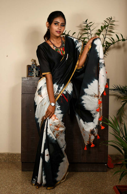 White & Black Pure Silk Chanderi Saree - Shibori