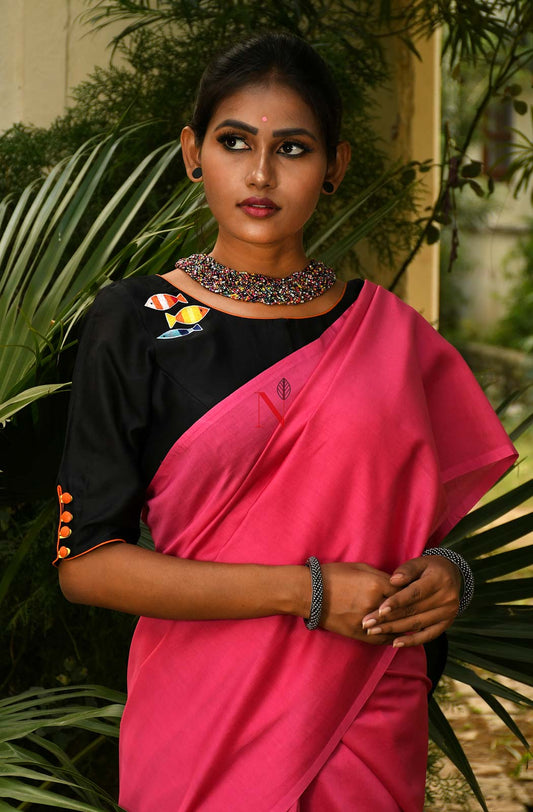 Pink & Black Pure Silk Chanderi Saree - Naksheband