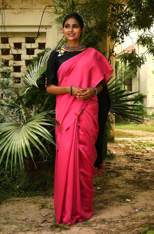 Pink & Black Pure Silk Chanderi Saree - Naksheband