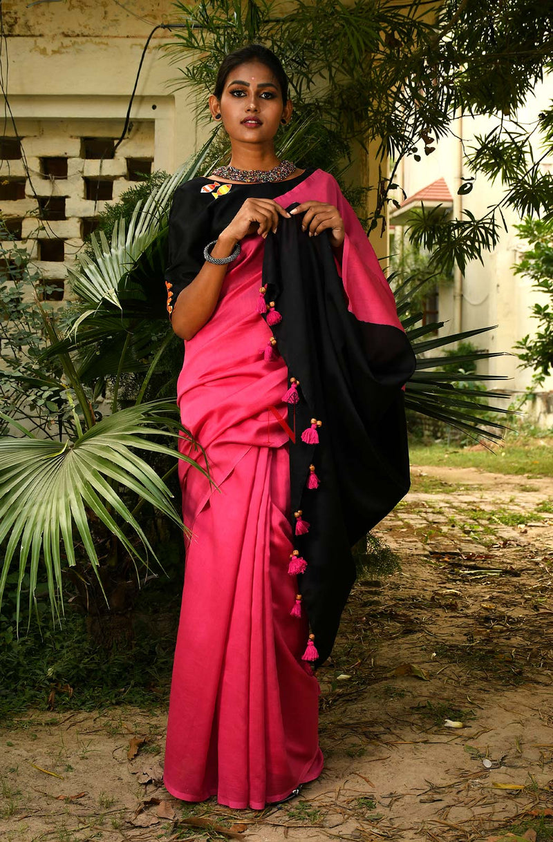 Pink & Black Pure Silk Chanderi Saree